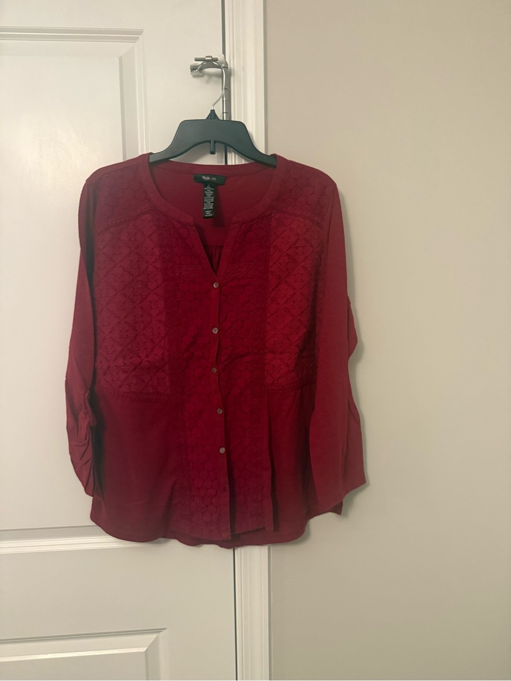 Style & Co. Red Button-Front Lace-Panel Blouse